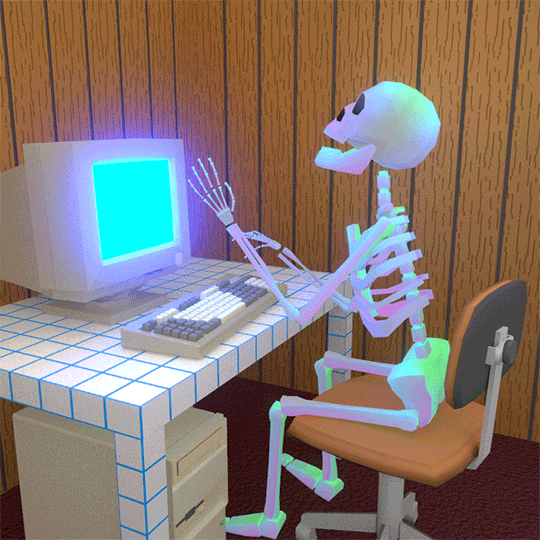 A skeleton slumped at an old desktop computer, having waited so long it turned to bone.
